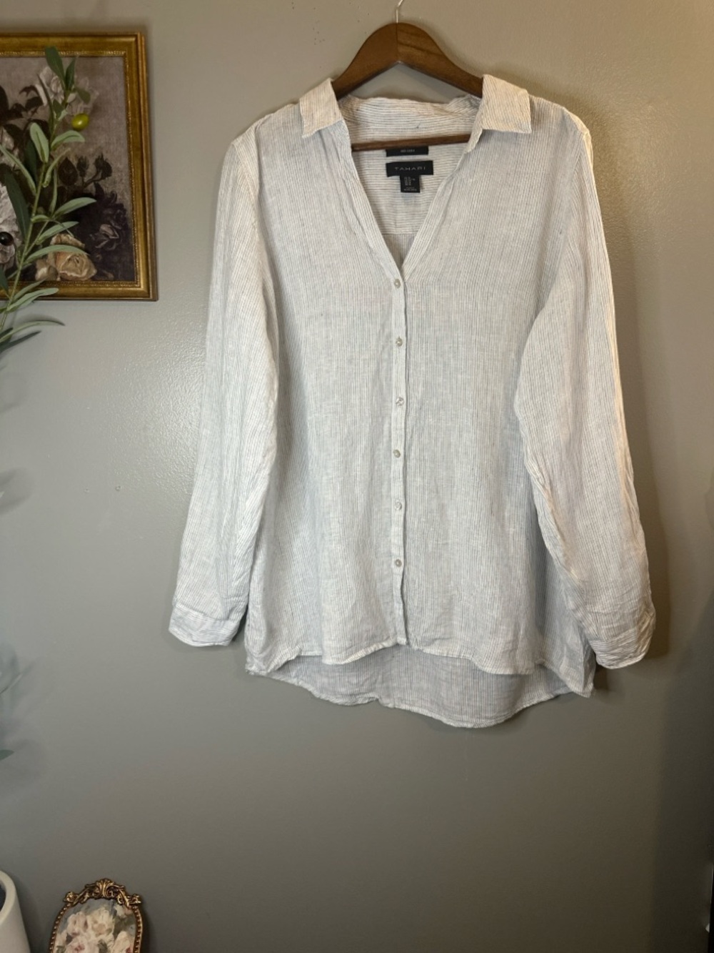 Tahari Soft Gray Pinstripe Button-Up Shirt - Picture 2 of 7